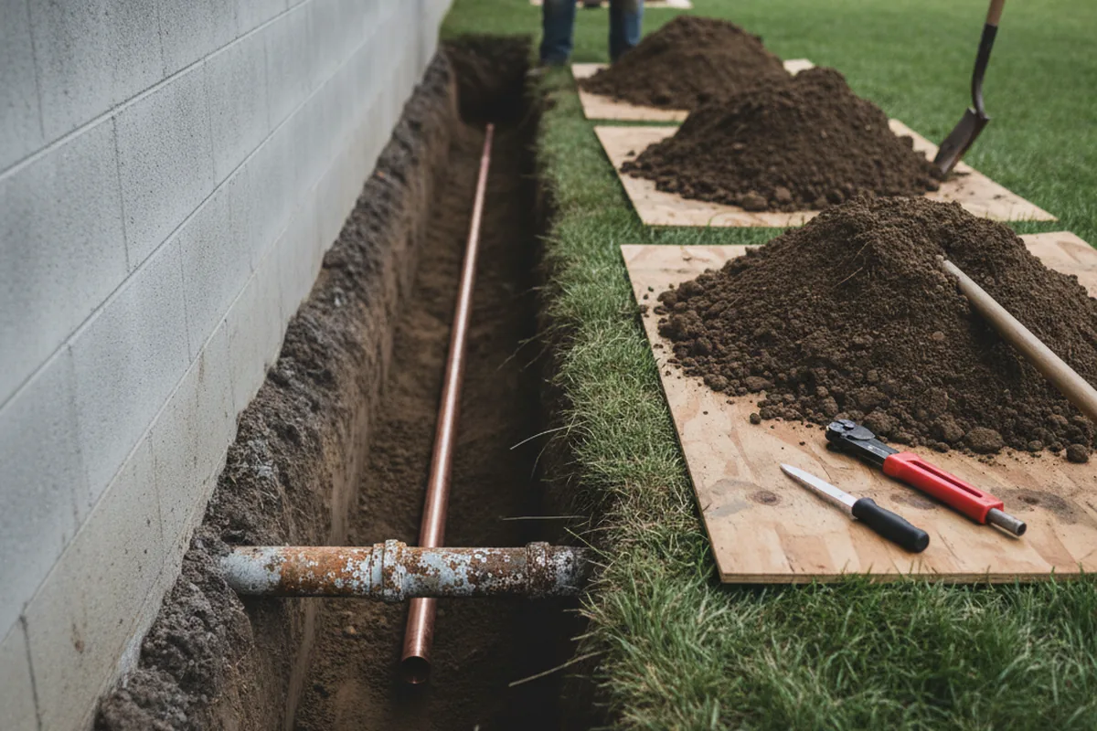 Excavated water line trench during Water Heater Repair in Pomona